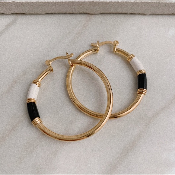 Black White Enamel Tube Hoops | 18k Gold Filled - Picture 5 of 6
